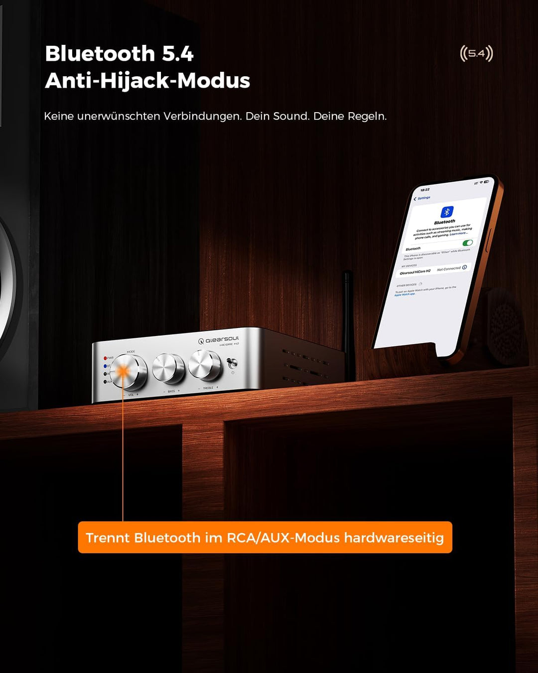 Qlearsoul HiCore H2 Bluetooth 5.4 HiFi-Stereo-Verstärker — TI TPA3255 Klasse D, 100 W x2 (@ 4Ω) Nenn