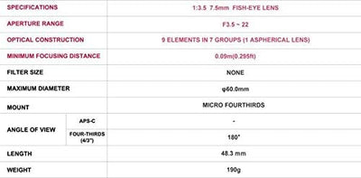 Samyang 7.5mm F3.5 UMC Fish-eye MFT für Micro Four Third, Silber silber Micro Four Thirds, silber Mi