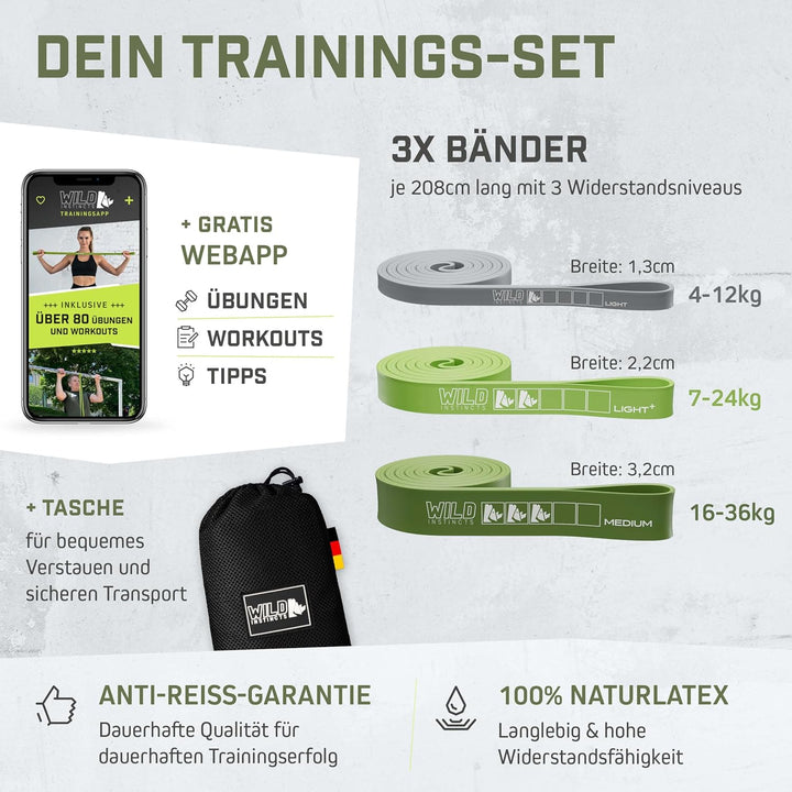 Wild Instincts Premium Widerstandsbänder Krafttraining/Pull Up Band für Klimmzüge, Fitnessbänder Set