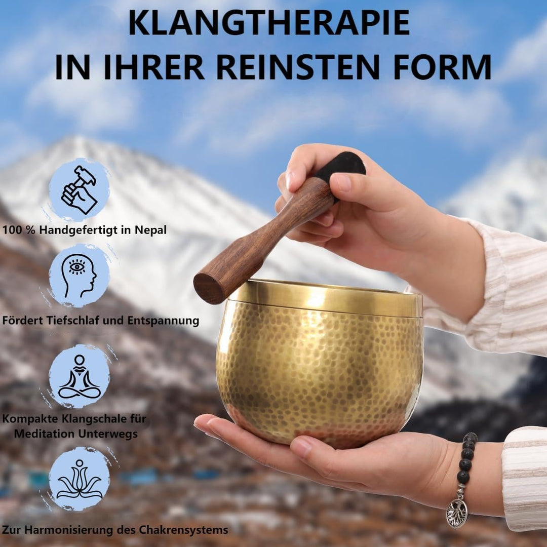 Tibetanische Klangschalen- Set - 100% von Hand in Nepal gehämmerte Klangschale für Meditation, Yoga,