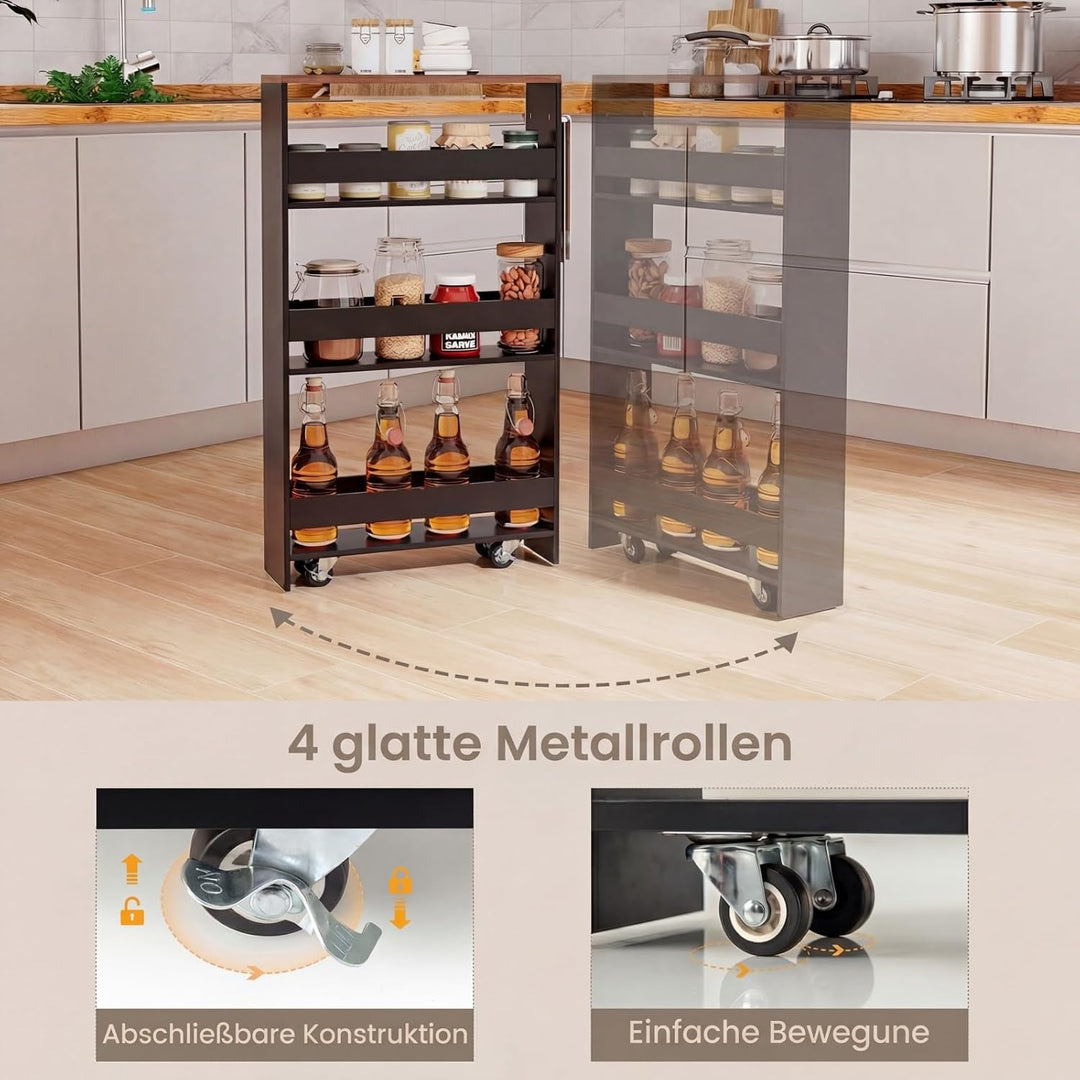 COSTWAY Nischenwagen 13cm breit, Nischenregal Badregal 4 Etagen, Nischenschrank auf Rollen, Servierw