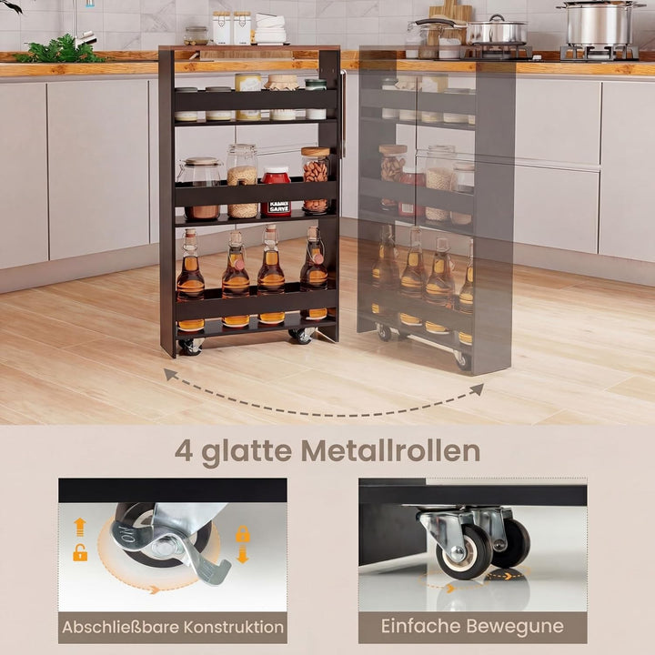 COSTWAY Nischenwagen 13cm breit, Nischenregal Badregal 4 Etagen, Nischenschrank auf Rollen, Servierw