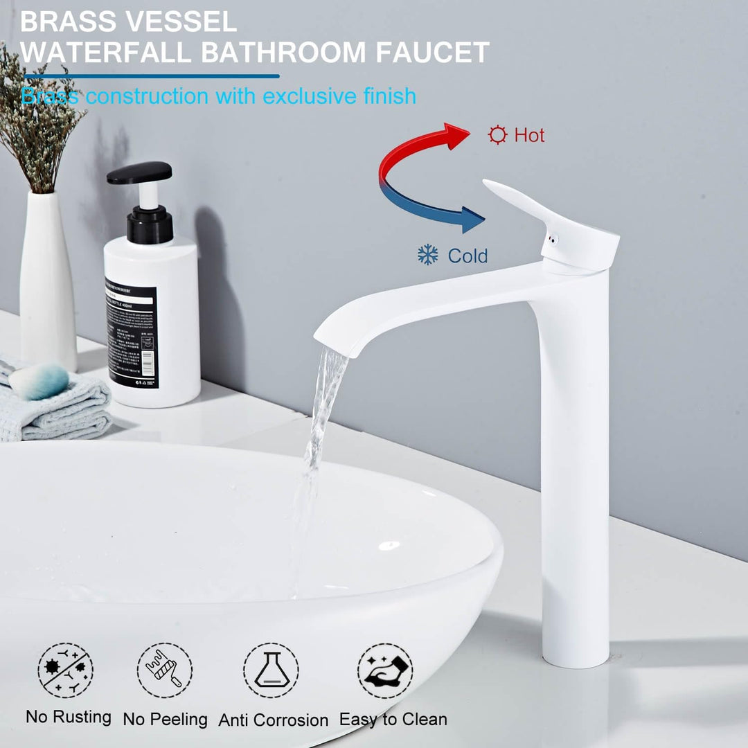 Bad Wasserhahn Weiss Wasserfall Badarmatur Hoch Waschtischarmatur Einhebel Mischbatterie aus Messing