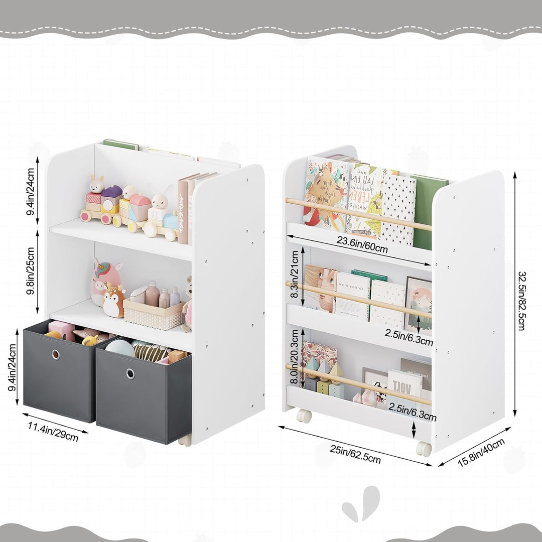 WOLTU Kinderregal beweglich, 2 in 1 Bücherregal Spielzeugregal, Kinder Regal mit Boxen, zweiseitiger
