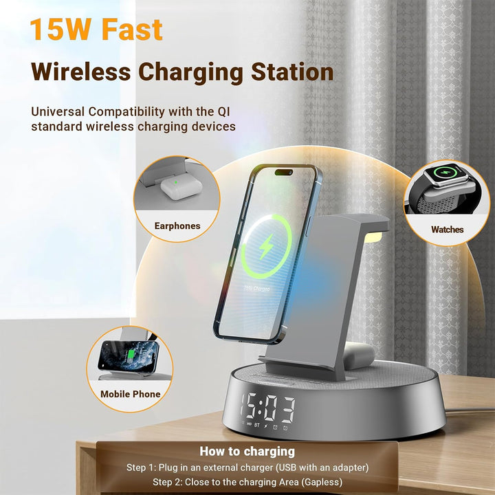 COLSUR Wireless Charger für i Phone Radiowecker mit Bluetooth Lautsprecher