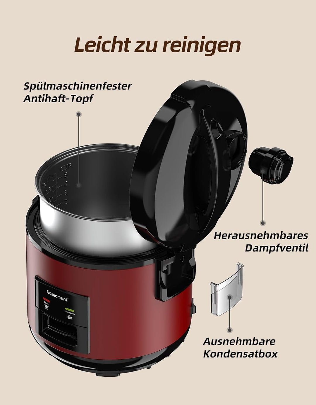 Eamoment DRC-5020RD 1L | 400W Reiskocher & Dampfgarer(1ltr-5 Tassen) Für 1-5 Personen Schnelles Koch