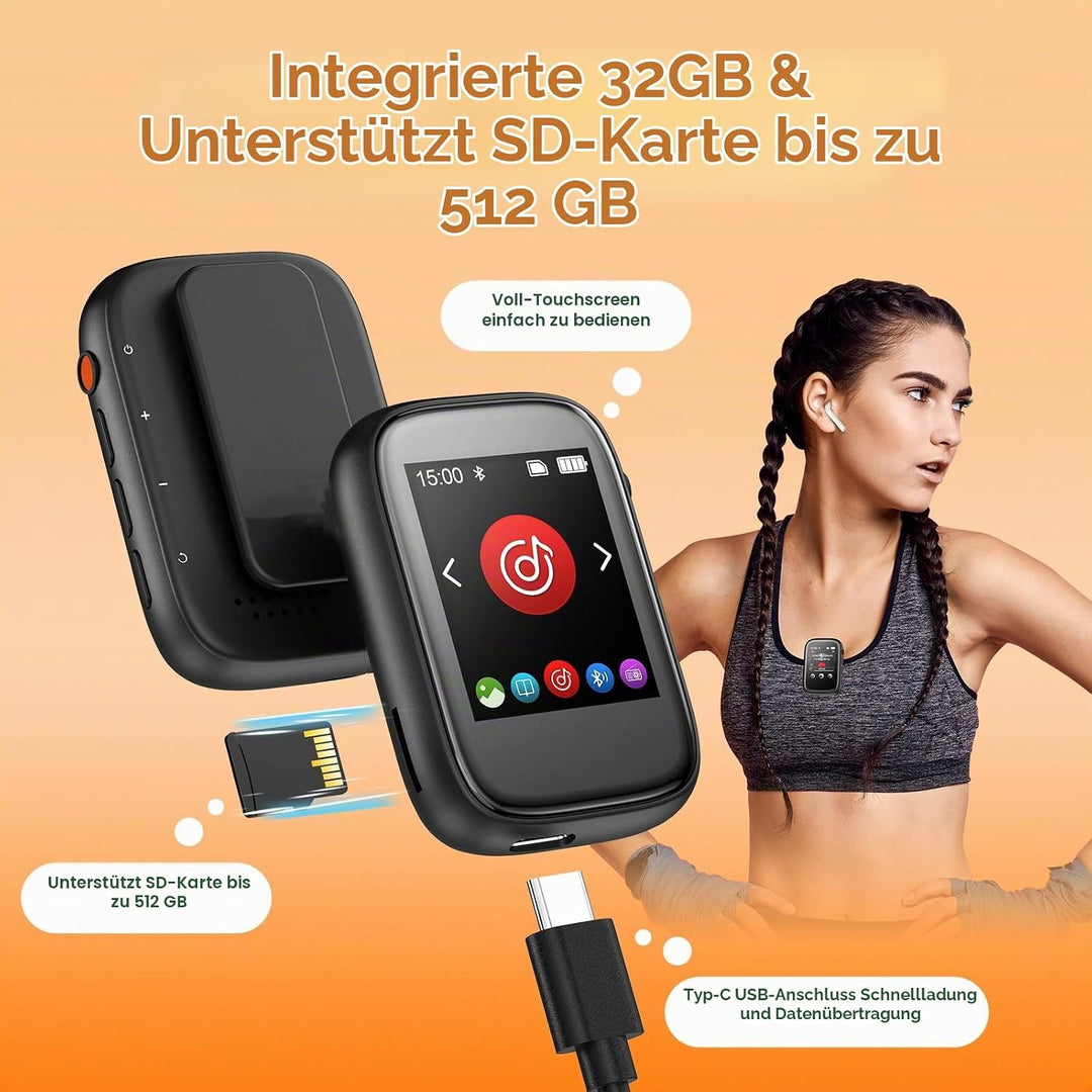 MP3 Player Bluetooth 5.3 mit Clip,Tragbarer Music Player mit Kopfhörer, Lautsprecher, FM-Radio,Sprac