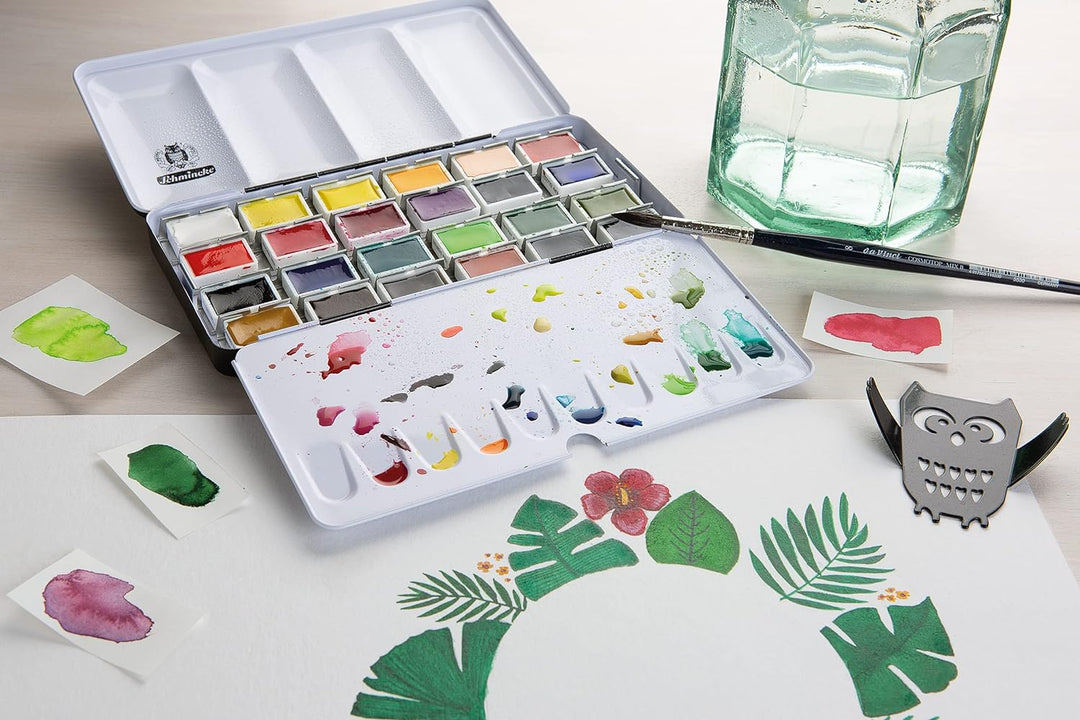 Schmincke – Akademie Aquarell Farbkasten, Vollsortiment 24 x 1/1 Näpfchen, 75 425 097, Metallkasten,