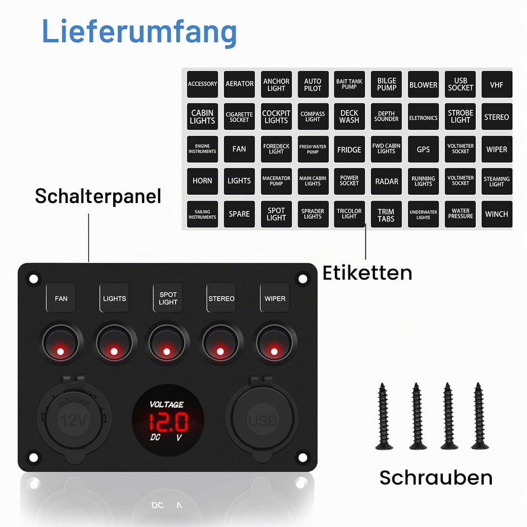 Geloo 5 Gang Schalter Panel, 12V/24V Kippschalter Panel IP65 Wasserdichte LED Voltmeter Dual USB Buc