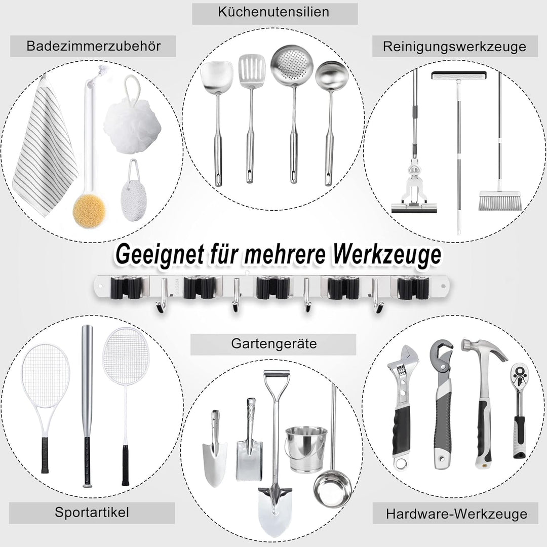 Besenhalterung Wand, 5 Halter + 4 Haken Schwerlast Gerätehalter Selbstklebend, Besenhalter mit Nails