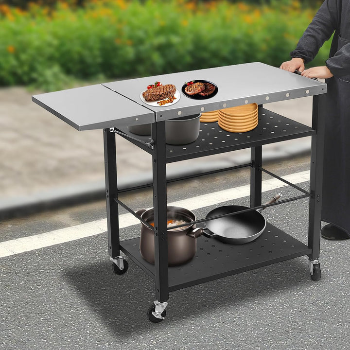 Grillwagen Grilltisch mit 4 Universalrädern, 80x50x83 cm, Küchenwagen Edelstahl mit Klappbarer Beist