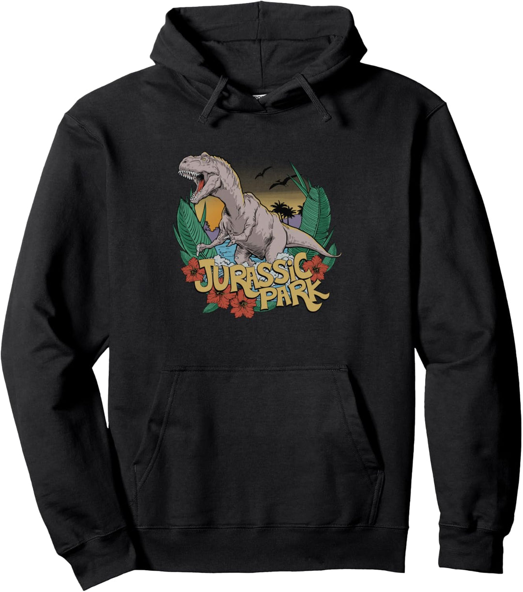 Jurassic Park T-Rex Roaring In Blooming Tropics Pullover Hoodie