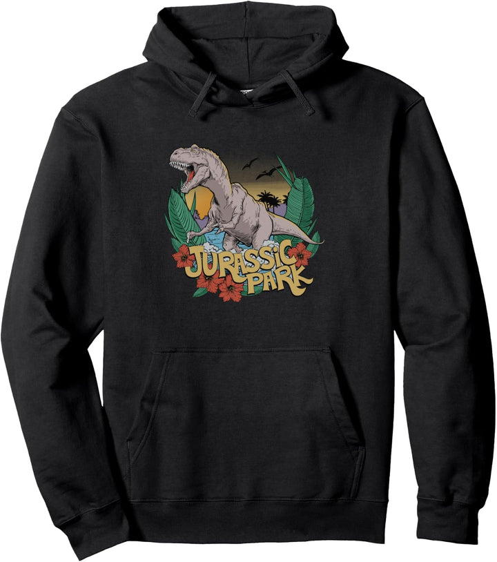 Jurassic Park T-Rex Roaring In Blooming Tropics Pullover Hoodie