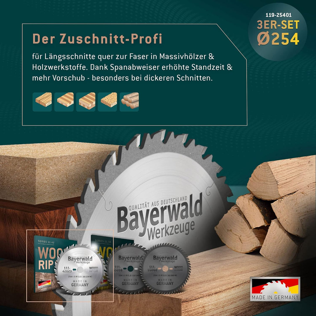 Bayerwald Kreissägeblatt Set Ø254 (3 tlg.) - für Holz Längs &amp; Querschnitte - geeignet für Tischkreis
