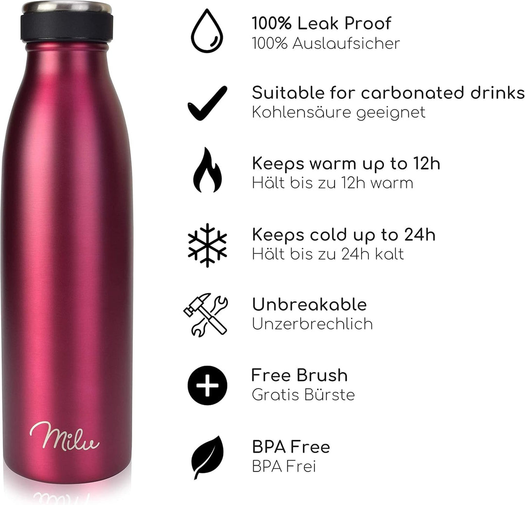 Milu Thermoflasche 350ml 500ml 750ml 1L 1,5L Isolierte Edelstahl Trinkflasche Thermoskanne Auslaufsi