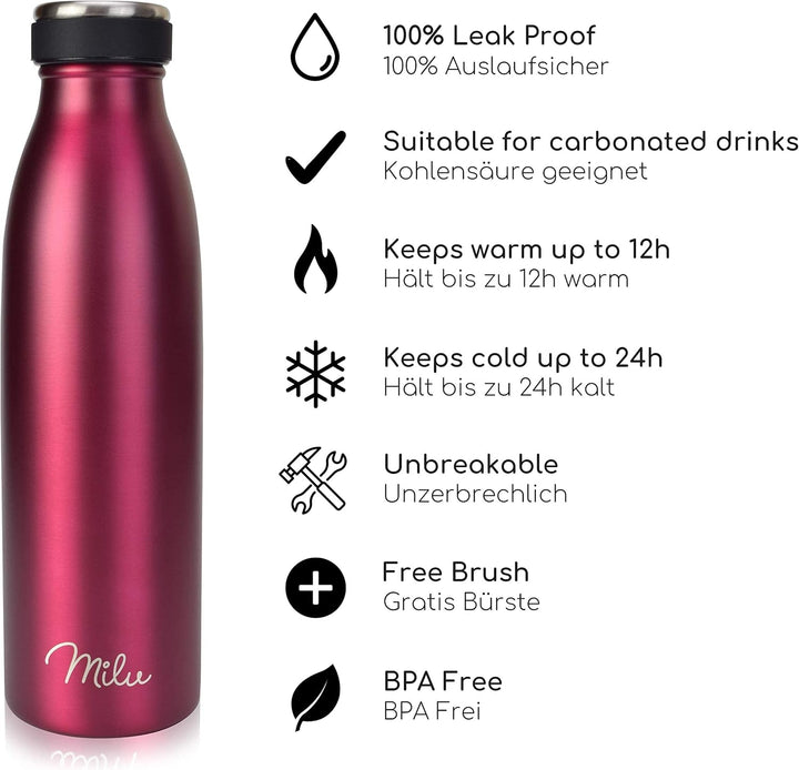 Milu Thermoflasche 350ml 500ml 750ml 1L 1,5L Isolierte Edelstahl Trinkflasche Thermoskanne Auslaufsi