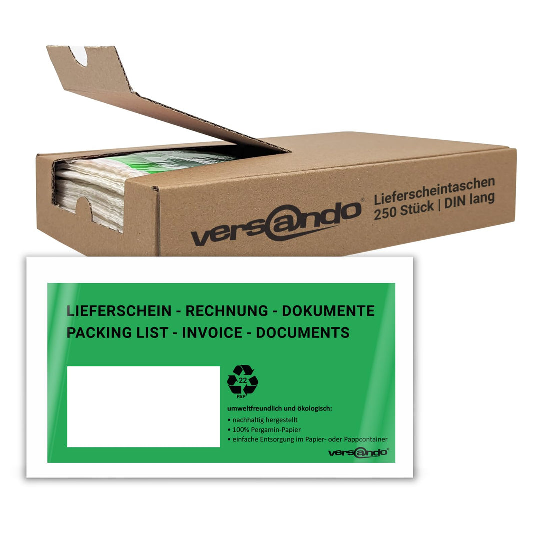 versando 250 ökologische Lieferscheintaschen DIN lang selbstklebend 100% Pergamin Papier folienfrei