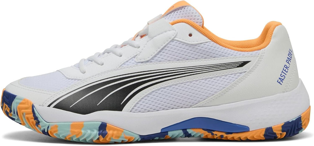 PUMA Unisex Nova Court Tennis Shoe, Puma White Puma Black Vivid Blue Heat Fire