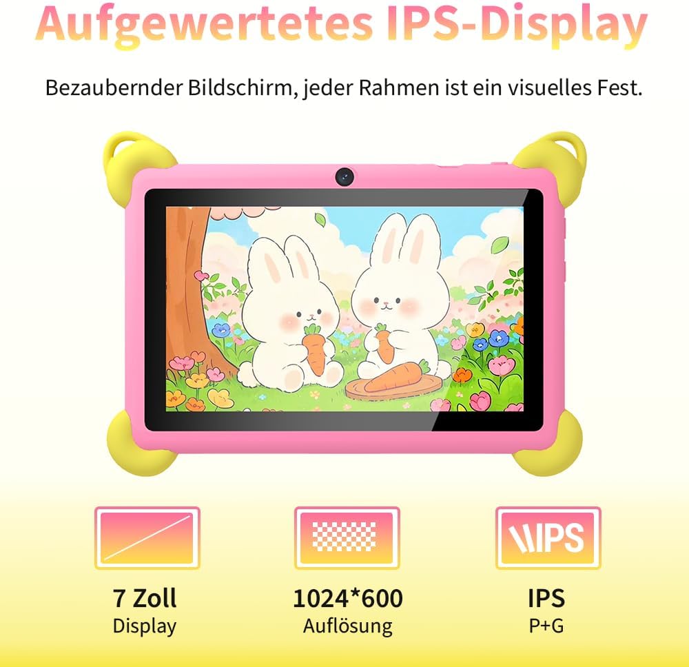 Veidoo 7-Zoll Android Kinder-Tablet, 2+32 GB, Dual-Kameras, stossfeste Hülle, integriertes Hasen-Stä