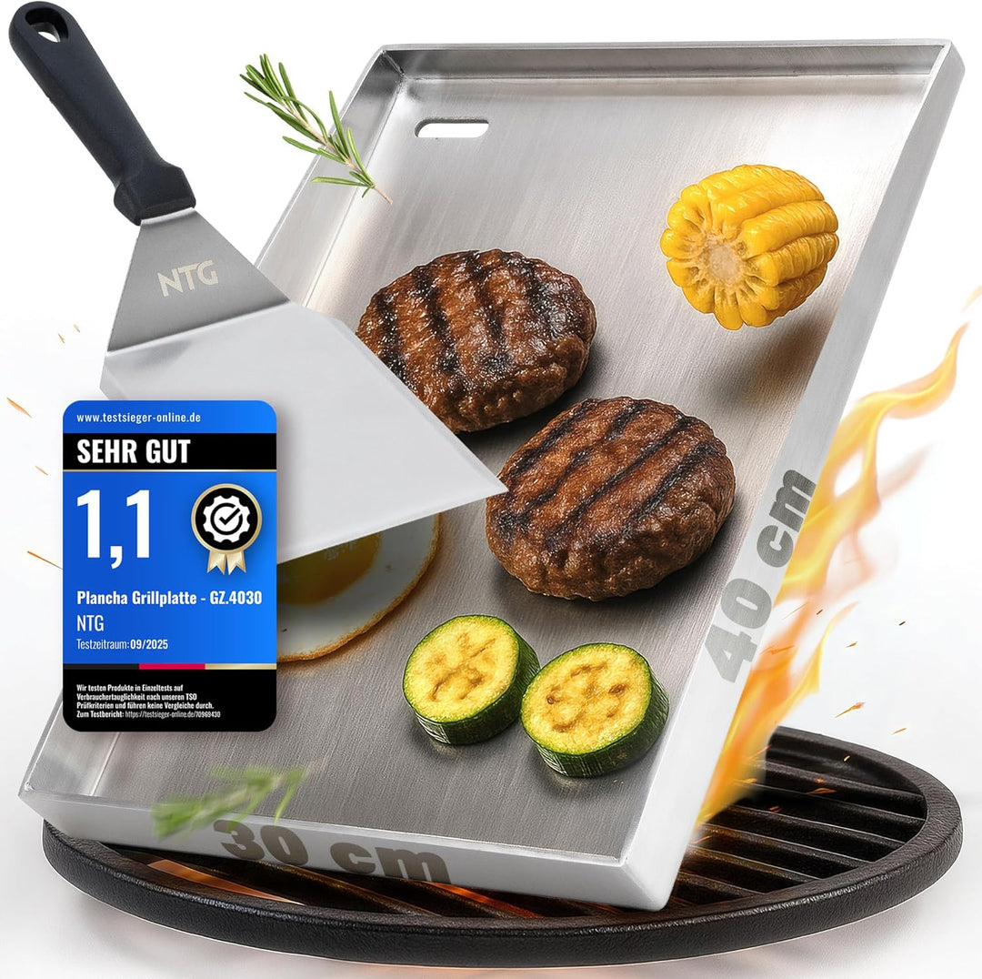 NTG - Grillplatte aus 4mm rostfreiem Edelstahl [40 x 30cm] - Plancha mit Fettablauf und Grillspachte