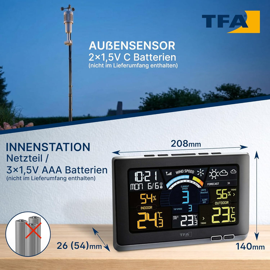 TFA Dostmann Spring Breeze Funk-Wetterstation, 35.1140.01, mit Farbdisplay, Wettervorhersage mit Ala