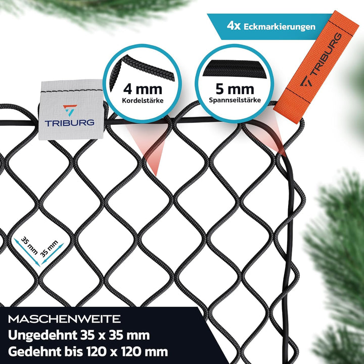 TRIBURG Anhängernetz Dehnbar 1,5x2,7m bis 2,5x3,5m inkl. 10 Expanderhaken | Elastisches Anhänger Net