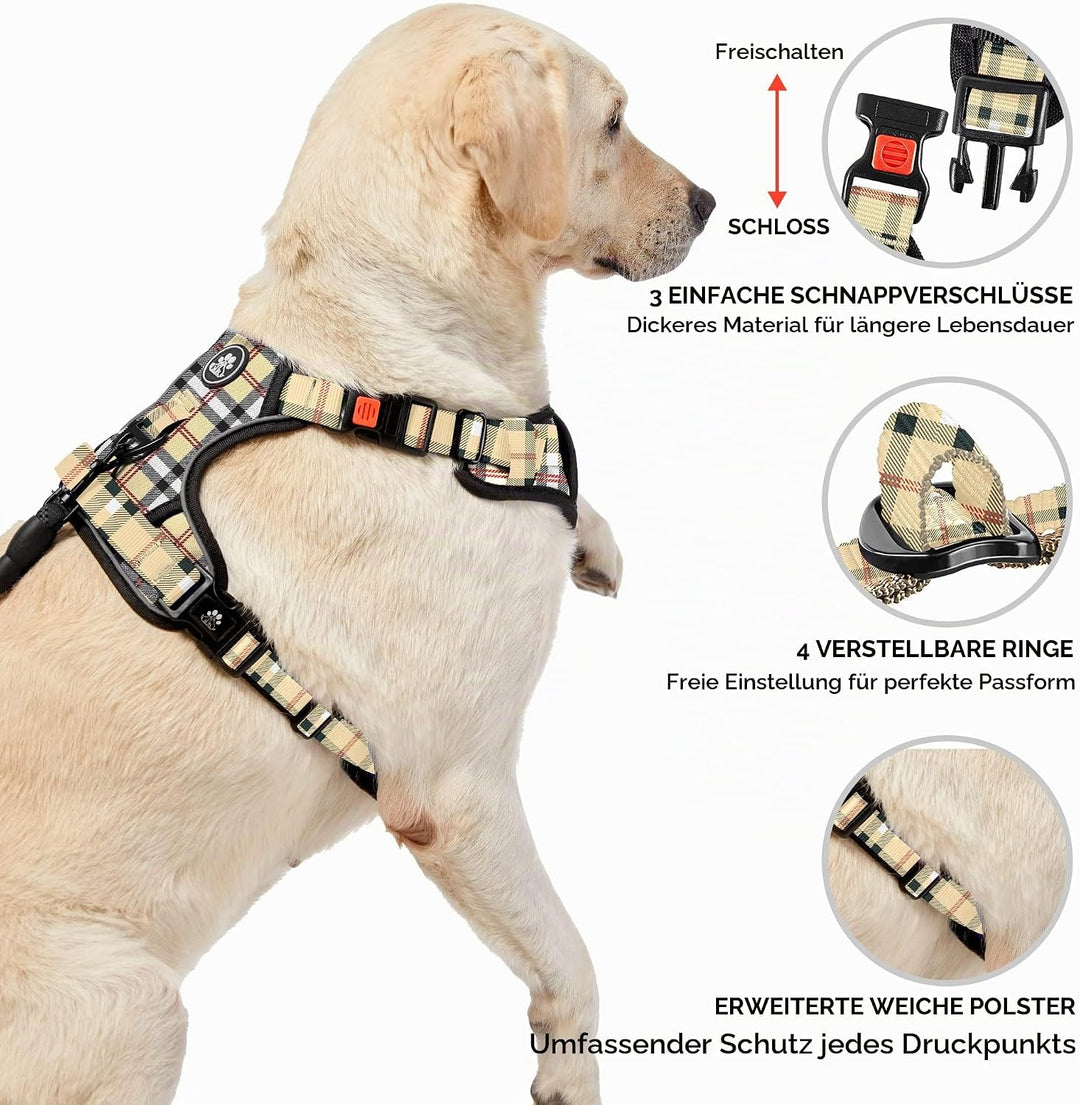 NESTROAD Hundegeschirr Grosse Hunde Leine Geschirrset Kariert Beige, Grösse L für Hunde Grosse mit H
