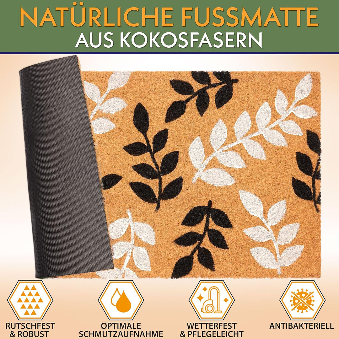 BRUBAKER Fussmatte für Aussen und Innen - Blättermuster Schwarz und Weiss - 45 x 75 cm Schmutzfangma