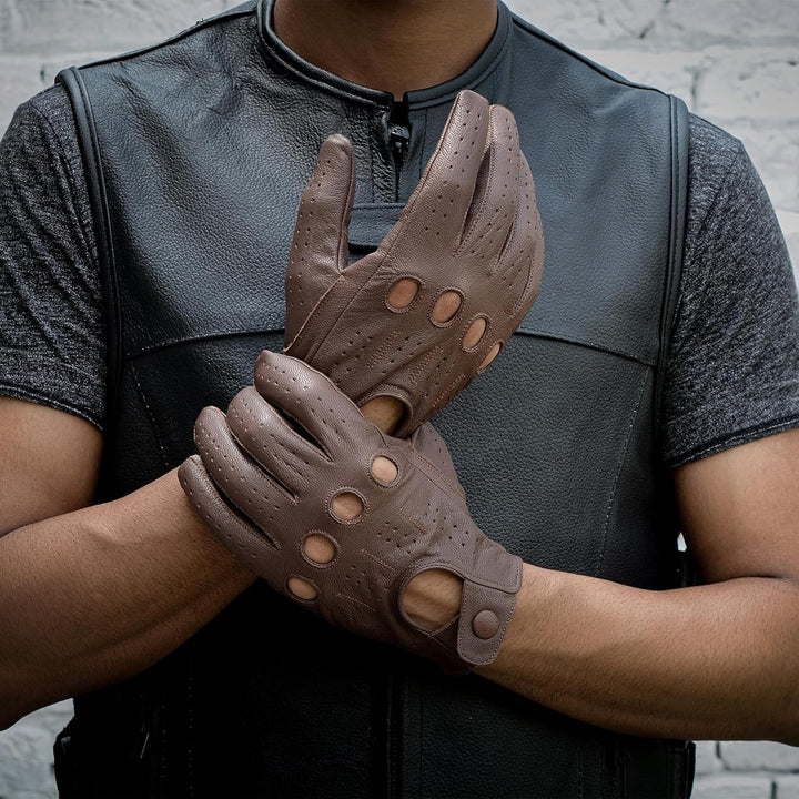 Leatherick Autofahrer Handschuhe Herren – Weiche, Perforierte Fahrhandschuhe mit atmenden Fingerknöc