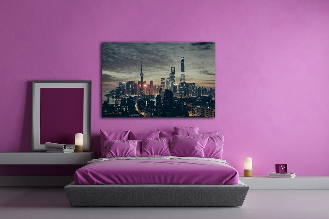 deyoli einnehmende Skyline Format: 80x60 als Leinwandbild, Motiv fertig gerahmt auf Echtholzrahmen,