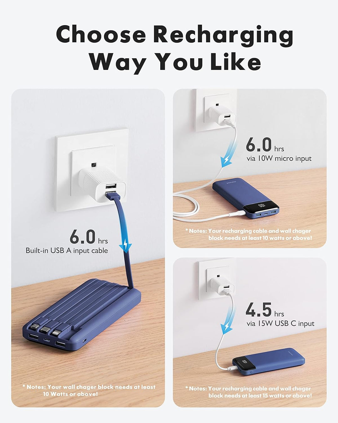 Charmast Externer Akku, 10.000 mAh, mit 4 integrierten Kabeln, tragbarer Akku, USB C, dünn, Power Ba
