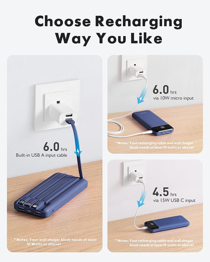 Charmast Externer Akku, 10.000 mAh, mit 4 integrierten Kabeln, tragbarer Akku, USB C, dünn, Power Ba