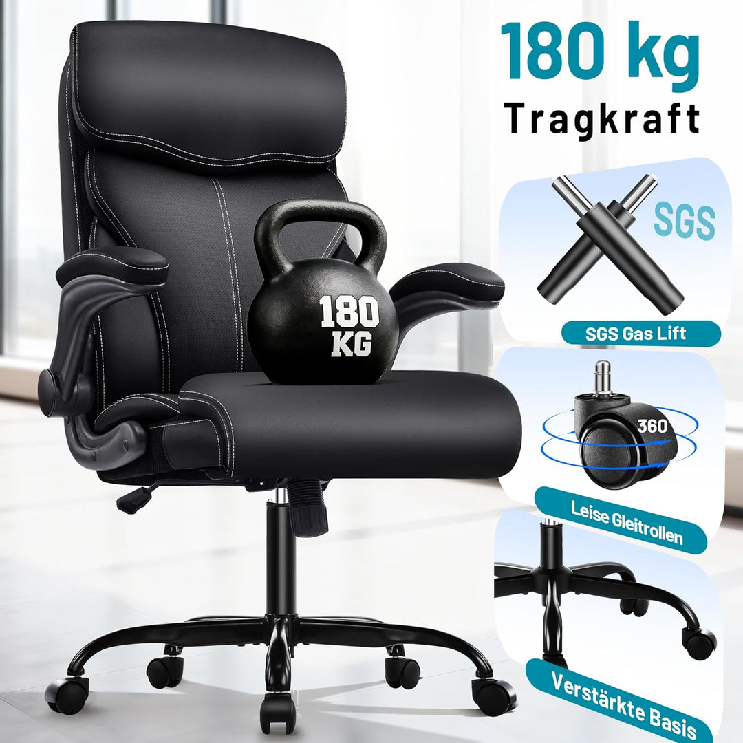 Chefsessel aus PU-Kunstleder, Bürostuhl Ergonomisch mit Verstellbaren Armlehnen und Hoher Rückenlehn