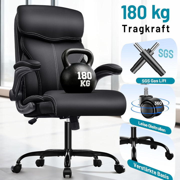 Chefsessel aus PU-Kunstleder, Bürostuhl Ergonomisch mit Verstellbaren Armlehnen und Hoher Rückenlehn
