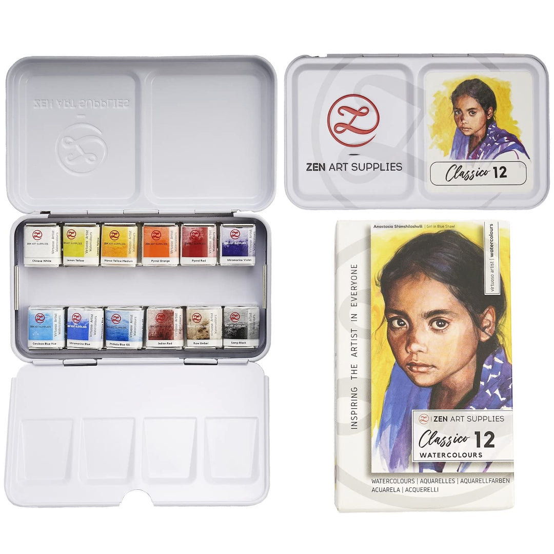 ZenART Professionelles Aquarellfarben-Set Classico – ungiftig, 12 Half-Pan Set in Metalldose – tragb