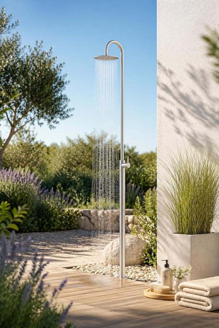 Gartendusche Classic SPRING 229 cm Edelstahl gebürstet Outdoor Dusche mit Regenduschkopf Ø20 cm Pool