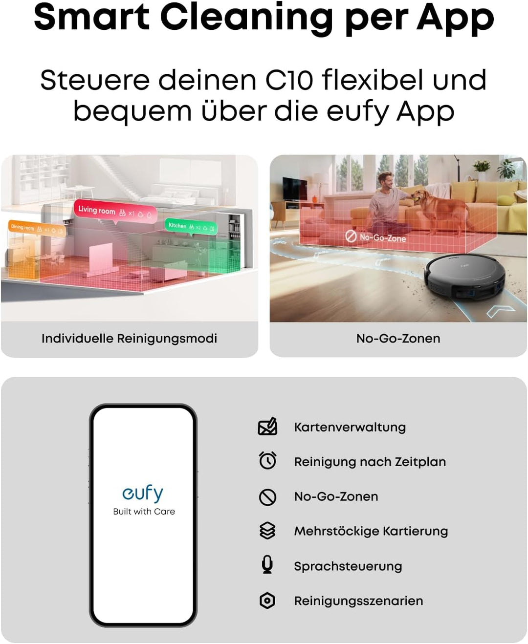 eufy C10 Saugroboter mit Automatischer Absaugstation, 7,3cm Ultraflaches Design, Teppichreinigung, A