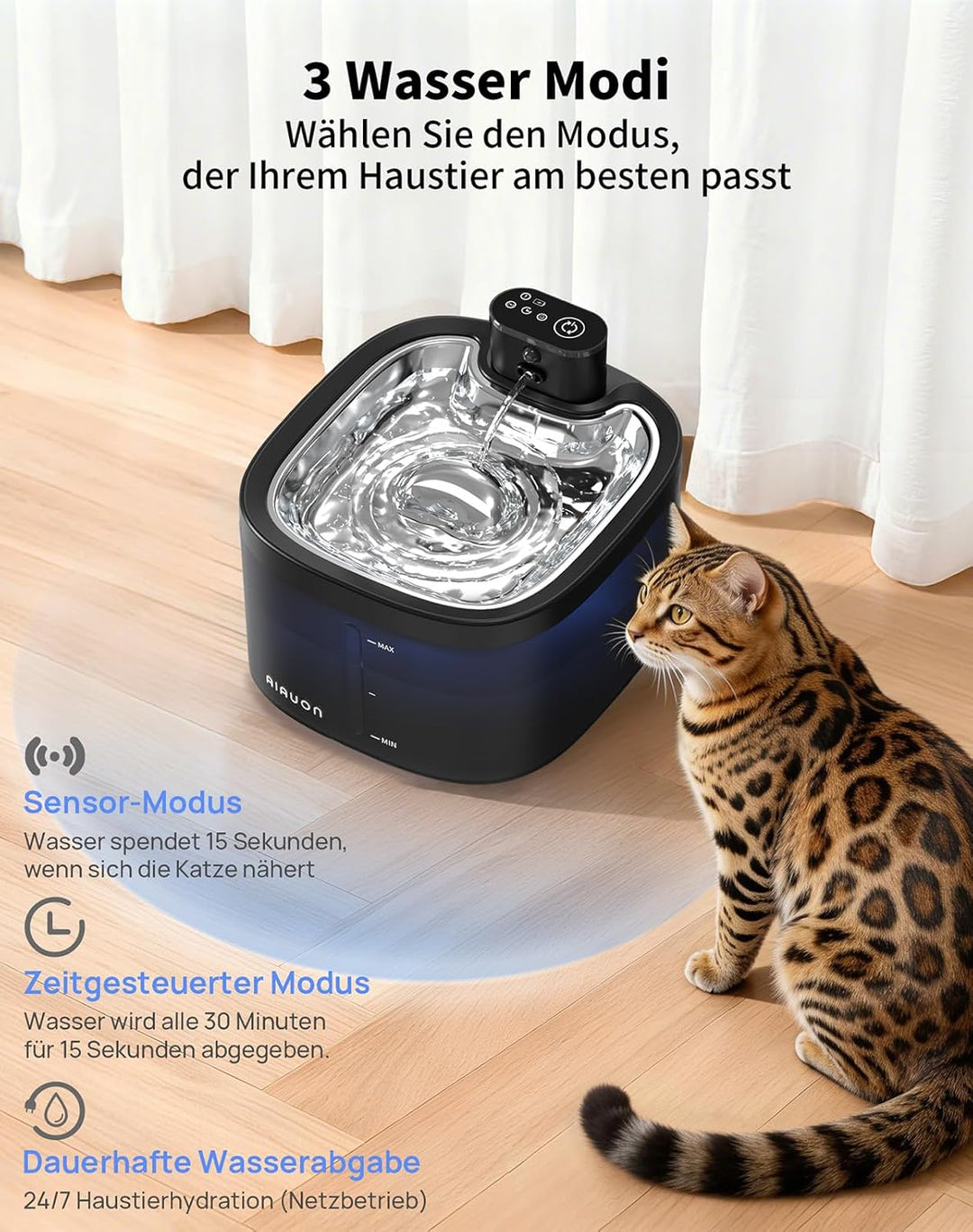 Katzenbrunnen kabellos 118oz/3,5L Drahtlos & Ultra-leise mit Sensor- und Zeitmodus,Edelstahlpalette,