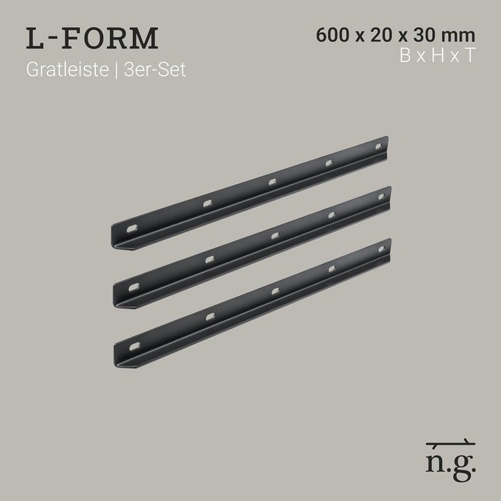 Natural Goods Berlin 3x Gratleiste L-FORM - Metallschiene 60 cm - L Profil Schwarz - Massiver Unterz