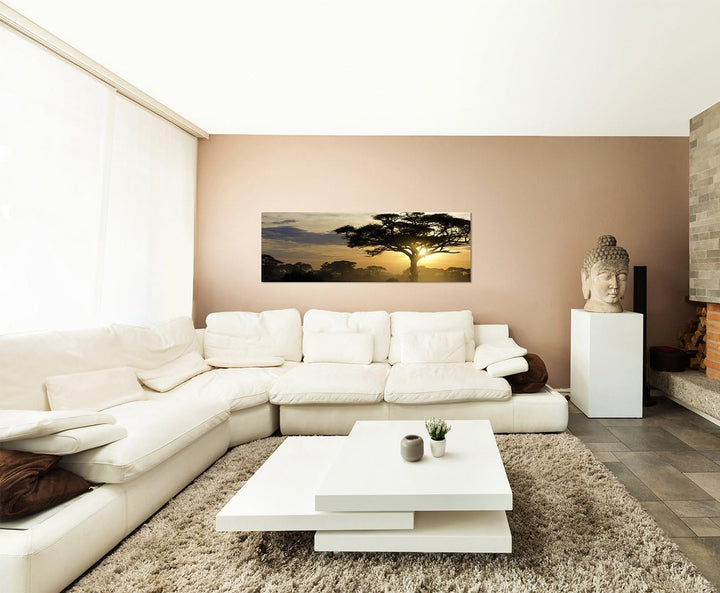 Paul Sinus Art Panoramabild auf Leinwand und Keilrahmen 150x50cm Afrika Landschaft Bäume Sonnenunter