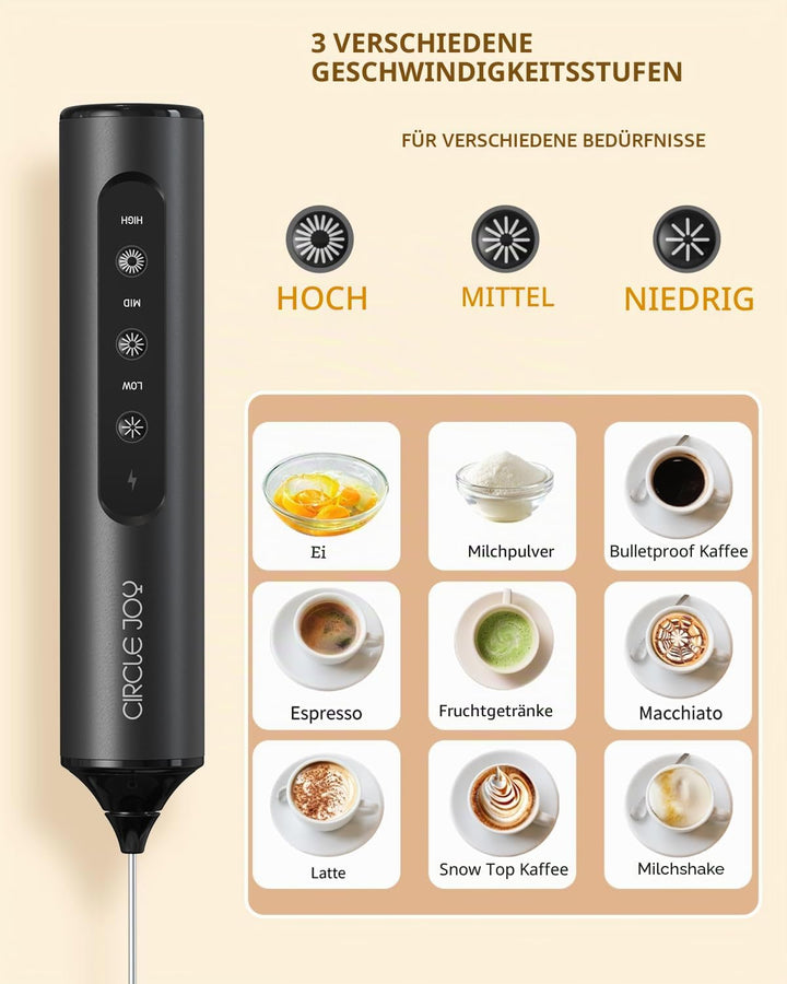 CIRCLE JOY Wiederaufladbarer Handmilchaufschäumer mit 3 Geschwindigkeitsstufen, 3 Schneebesen und Au