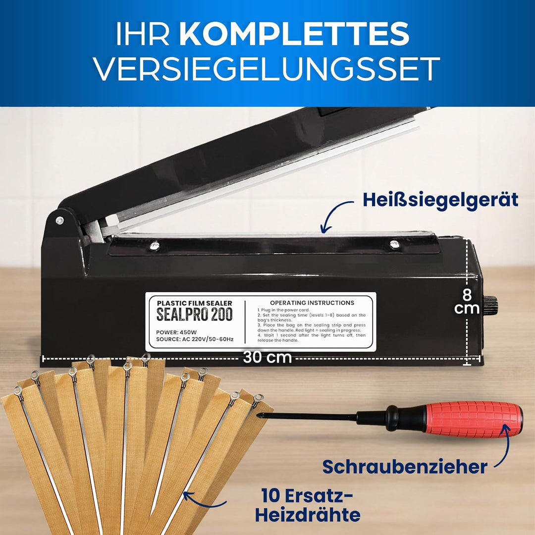 Versiegelungsmaschine 200mm - Profi Thermoversiegelung für Plastiktüten, Aluminium, Kraftpapier - He