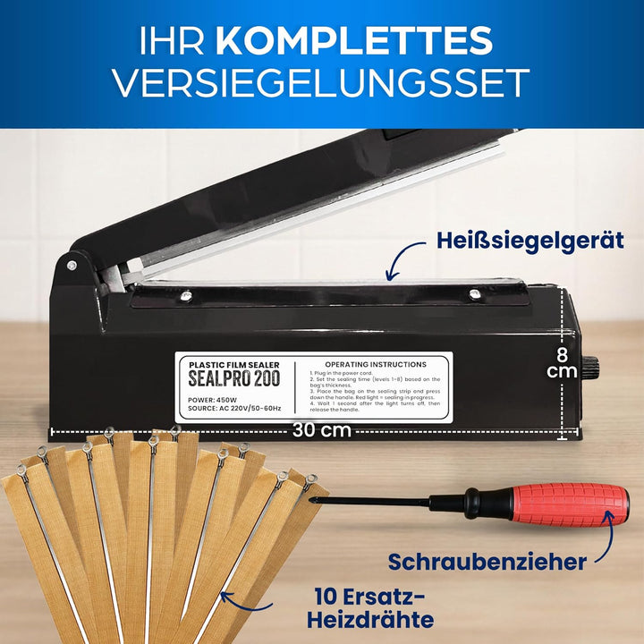 Versiegelungsmaschine 200mm - Profi Thermoversiegelung für Plastiktüten, Aluminium, Kraftpapier - He