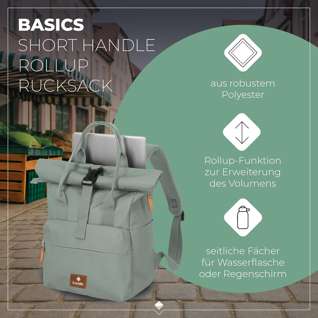 Travelite Handgepäck Rucksack, Laptop Rucksack 14 Zoll, Basics Short Handle Rollup, Reiserucksack Ro