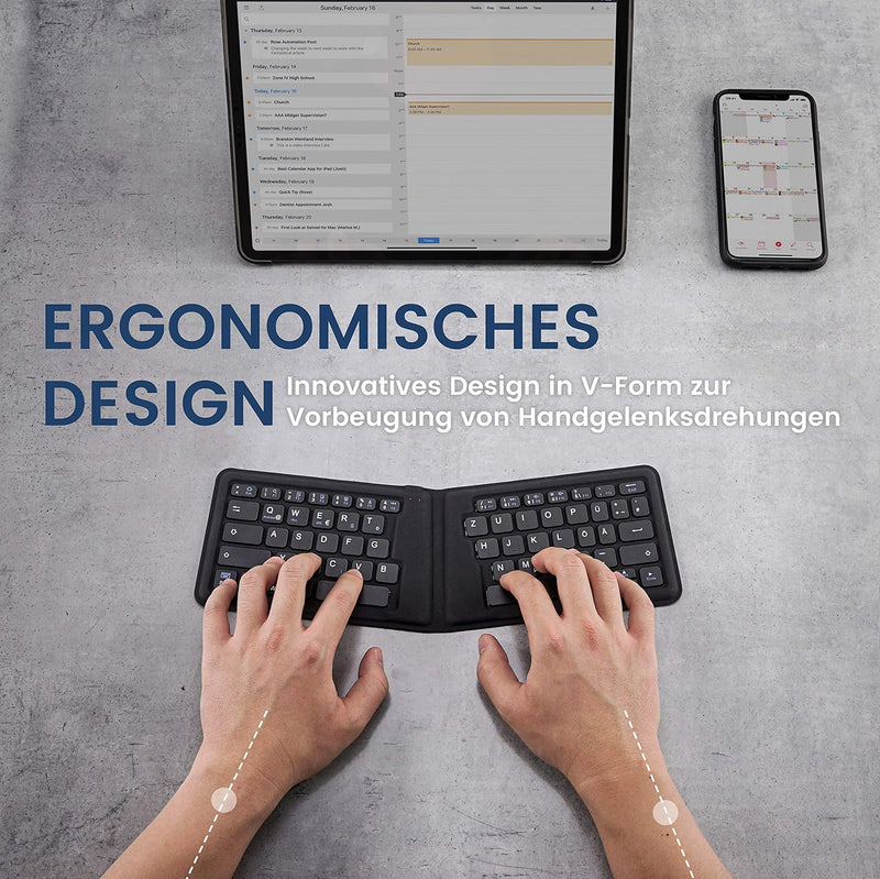 Perixx PERIBOARD-805 Ergo, Kabellose Faltbare ergonomische Tastatur, sehr dünnes Design zum Mitnehme