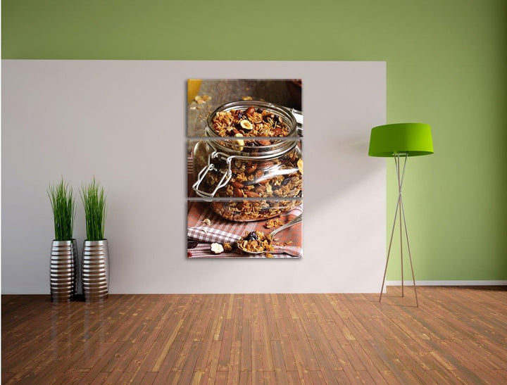 Pixxprint Honig Müsli im Glas 3-Teiler Leinwandbild 120x80 Bild auf Leinwand