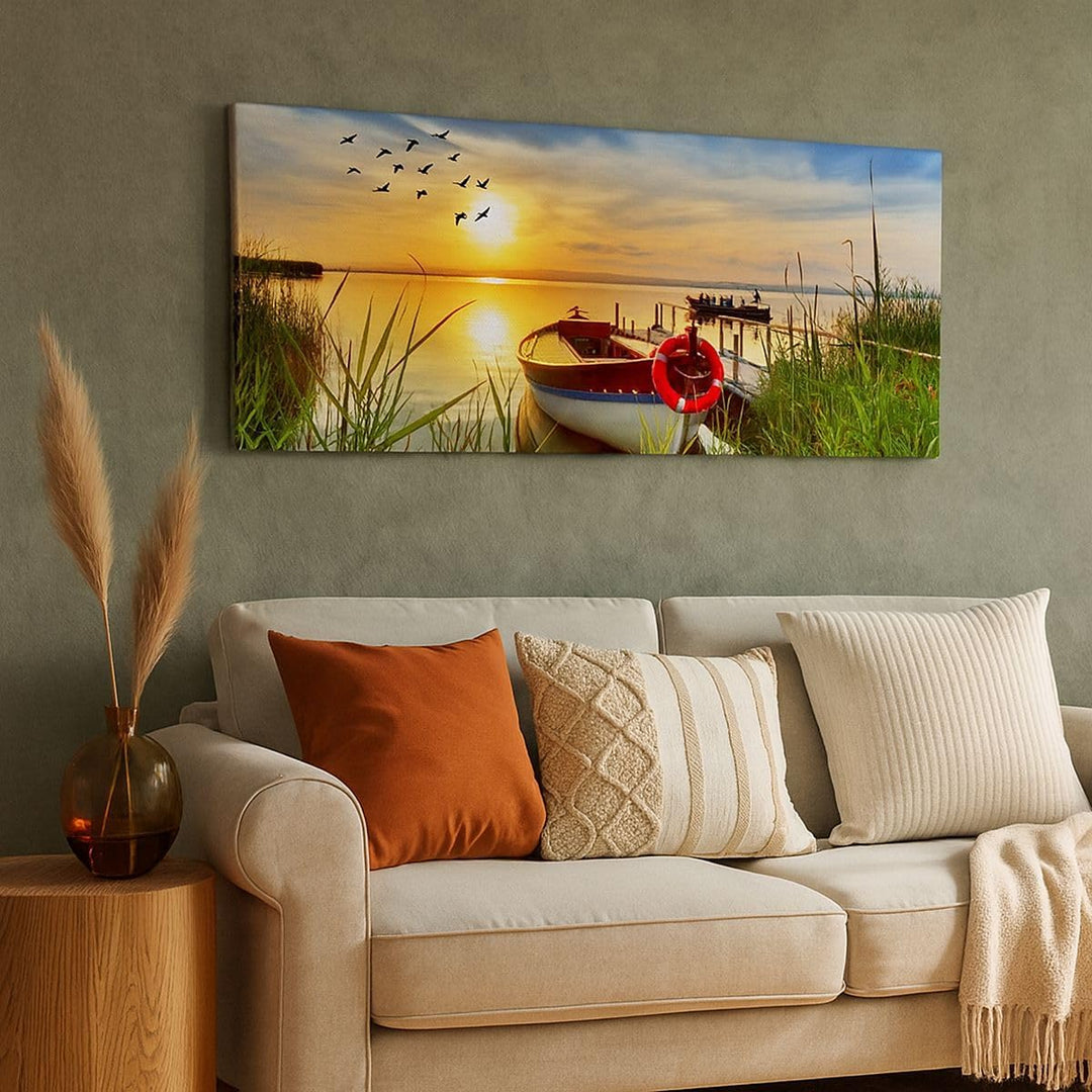 Wandbilder Dekoration Wohnzimmer Boot See Sonnenuntergang Sommer Menschen Bilder auf Leinwand 120x50