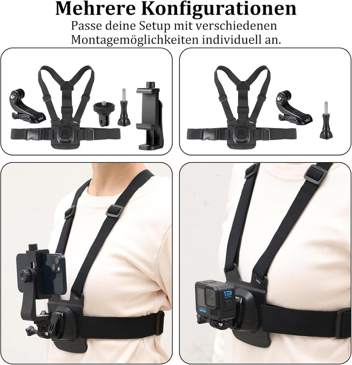 HSU Handy-Brusthalterung Brustgurt Handyhalterung, mit Schnellverschluss J-Hook Clip für Action Kame
