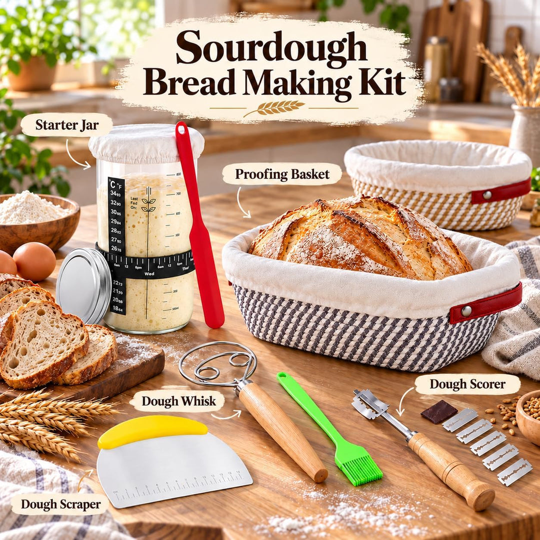 Brot Gärkörbchen Set, 14-Teilig Sauerteig Starter Set mit 2 Gärkörbe Rattan, Sauerteig Starterglas,