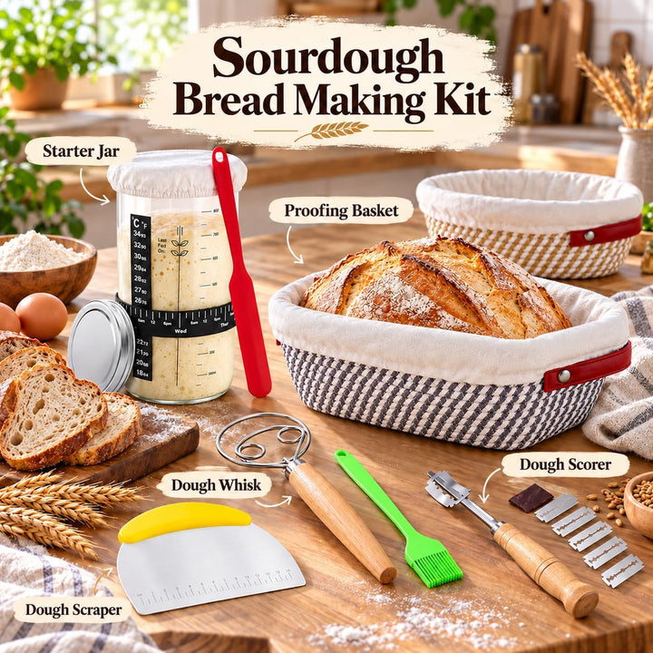 Brot Gärkörbchen Set, 14-Teilig Sauerteig Starter Set mit 2 Gärkörbe Rattan, Sauerteig Starterglas,